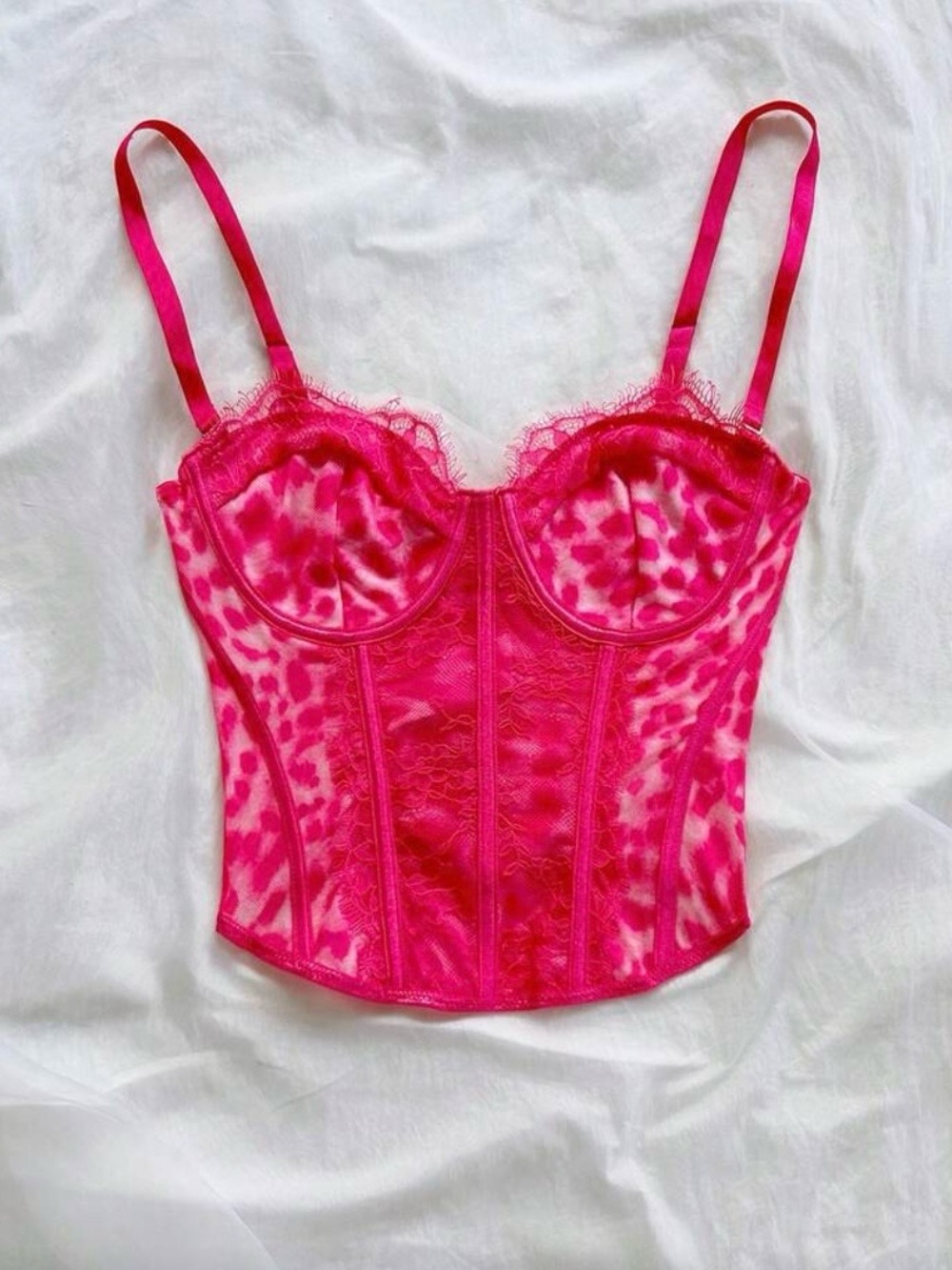 Fuchsia Lace Bustier with Leopard Mesh - Women Intimates
